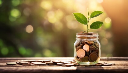 A small plant grows from a jar of coins, symbolizing financial growth and sustainability in a serene, sunlit environment.