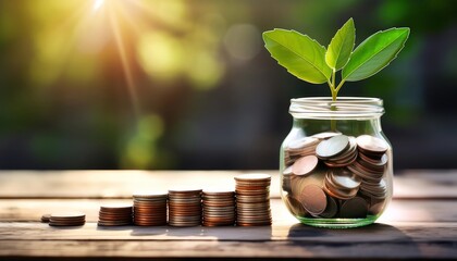 Wall Mural - A jar of coins with a growing plant symbolizes financial growth, sustainability, and the connection between nature and wealth.