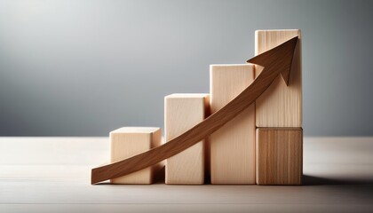 A wooden bar chart with an arrow indicating growth, symbolizing progress and success in business or personal development.