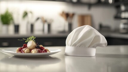 Canvas Print - Chef's Hat and Gourmet Dessert on a Kitchen Counter