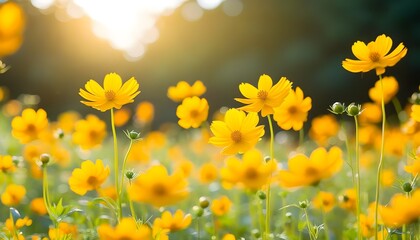 Wall Mural - Sunlit Vibrant Field of Cheerful Yellow Flowers in a Uplifting Natural Setting