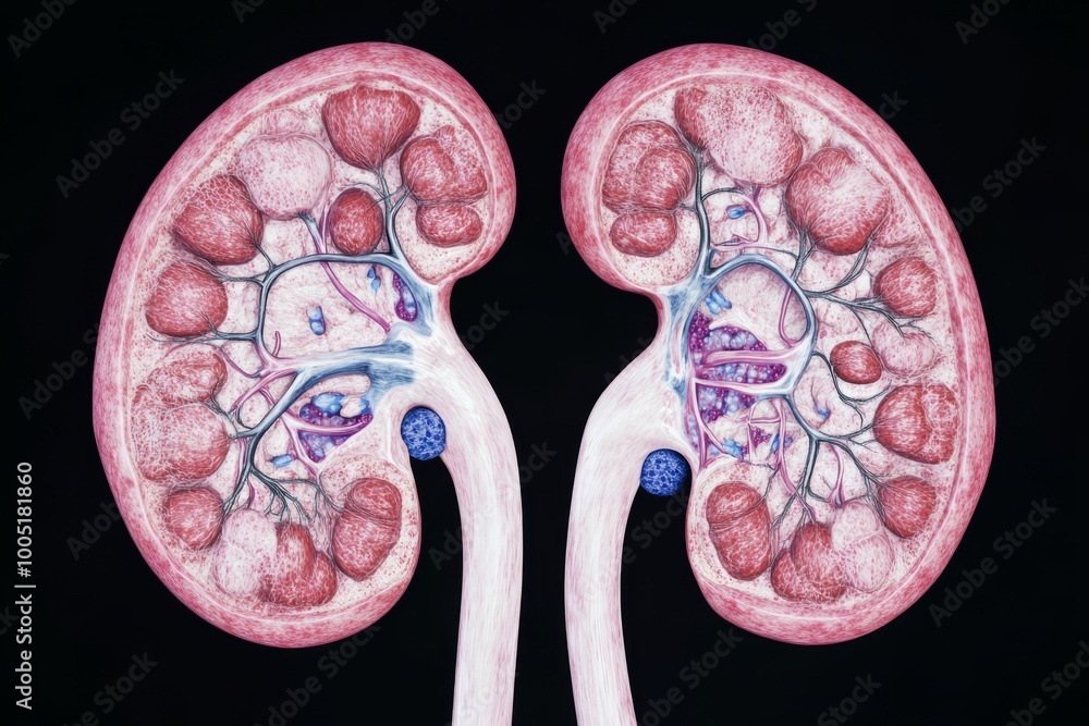 Detailed crosssectional illustration of the human kidneys showing ...