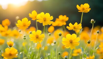 Wall Mural - Sunlit Vibrant Field of Cheerful Yellow Flowers in a Uplifting Natural Setting