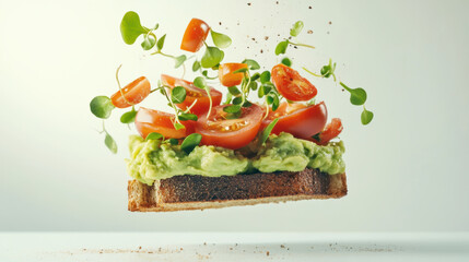 floating toast topped with creamy mashed avocado, fresh tomatoes, and vibrant microgreens creates visually appealing and healthy snack. colors and textures evoke sense of freshness and vitality