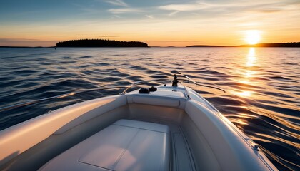 Wall Mural - Serene sunset boat ride on calm waters with a vibrant sky, embodying relaxation and adventure