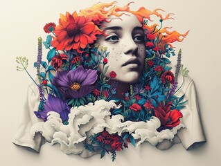 Wall Mural - Woman Surrounded by Flowers: A Surreal and Dreamlike Portrait