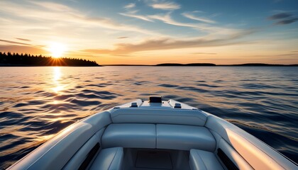 Wall Mural - Serene sunset boat ride on calm waters with a vibrant sky, embodying relaxation and adventure