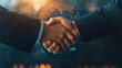 © WACHI - Close-up of a business handshake symbolizing partnership and global cooperation in a digital world.
