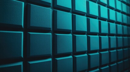 Close-up of a textured blue wall featuring a grid of raised squares, creating a modern and stylish backdrop.