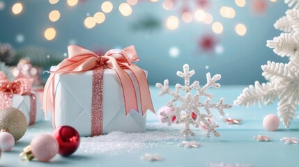 Poster - Cute Gift Box with Snowflakes and Bows in Winter Scene