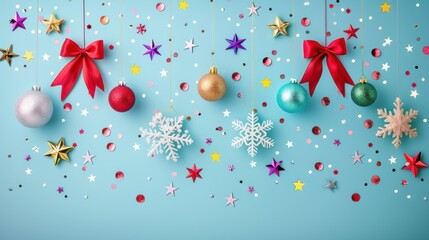 Wall Mural - Cute Snowflakes and Bows Decoration on Blue Background