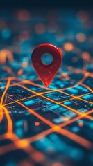 Poster - Digital map with red location pin on illuminated grid, futuristic navigation concept