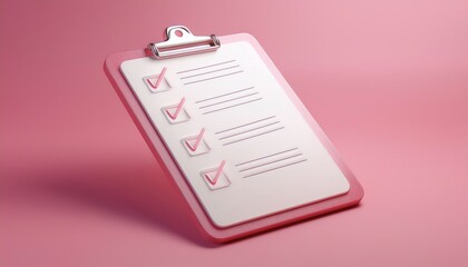 A pink clipboard displays a checklist with several items marked complete, set against a soft pink background.