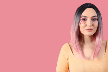 Sticker - Young woman in wig with beautiful makeup on pink background. Valentine's Day celebration