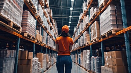 Organized Warehouse with Stacked Products and Worker