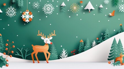 Wall Mural - Cute Abstract Green Winter Landscape Illustration