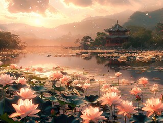 Poster - Serene Sunset Landscape with Lotus Flowers and Pagoda