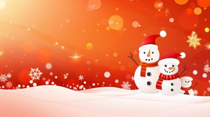 Wall Mural - Cute Red Christmas Illustration with Snowmen