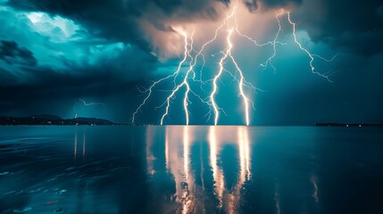 a breathtaking view of a lightning storm over a calm sea, with reflections of the flashes on the water