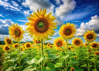 Vibrant sunflowers stand tall amidst a lush green meadow, swaying gently in the warm breeze under a bright blue summer sky with wispy clouds.