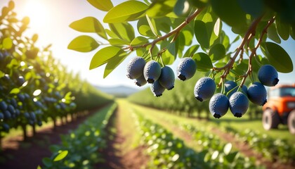 Wall Mural - Lush ripe blueberry field under a bright sunny sky with a picturesque landscape