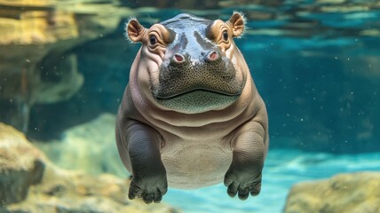 A curious hippopotamus swimming underwater in a clear aquarium.