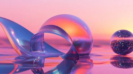 Sticker - Abstract Glass Spheres and a Curved Ribbon in a Sunset