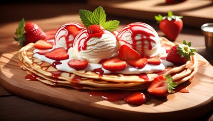 Wall Mural - Sunlit Strawberry Gelato on a Wooden Chopping Block in a Cozy Kitchen