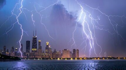 Wall Mural - a city skyline lit up by bolts of lightning during a fierce thunderstorm, with rain falling in sheet