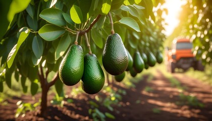 Wall Mural - Sunlit plantation showcasing freshly harvested avocados nestled in a wooden box