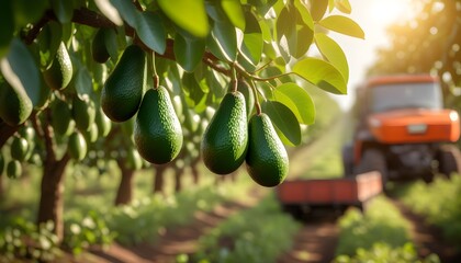 Wall Mural - Sunlit plantation showcasing freshly harvested avocados nestled in a wooden box