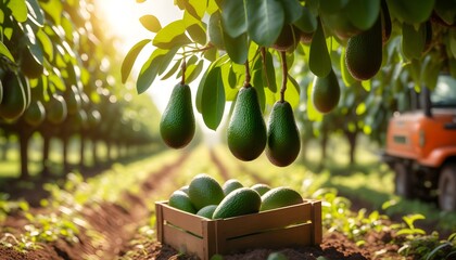 Wall Mural - Sunlit plantation showcasing freshly harvested avocados nestled in a wooden box