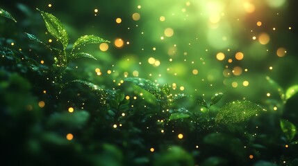 Sticker - Magical Forest with Green Leaves and Glowing Dust Particles