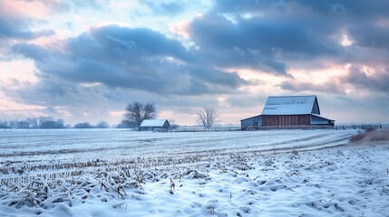 Wall Mural - a quiet farm scene with a barn and fields covered in snow, set against a cloudy winter sky