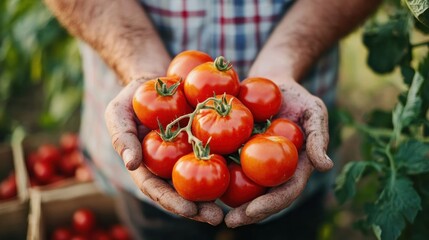 Canvas Print - Farmer's Hands Holding Ripe Tomatoes