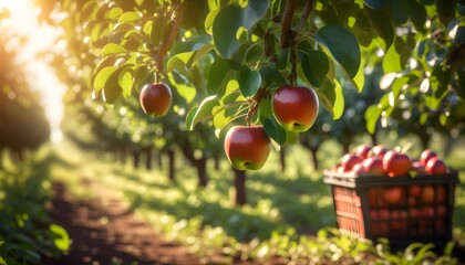 Wall Mural - Sunlit wooden basket filled with fresh apples amid lush plantation, showcasing natures bounty in a vibrant countryside setting