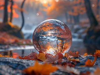 Poster - Autumn Forest Reflection in Crystal Ball Photography