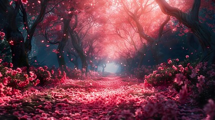 Poster - Enchanted Forest Path with Pink Blossoms