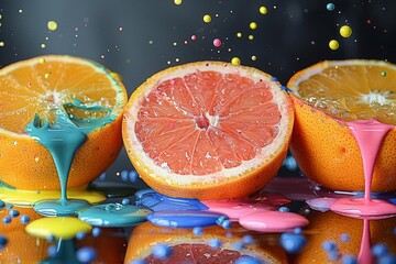 Vibrant food art  colorful acrylic paint splashes on a half cut orange against a dark backdrop