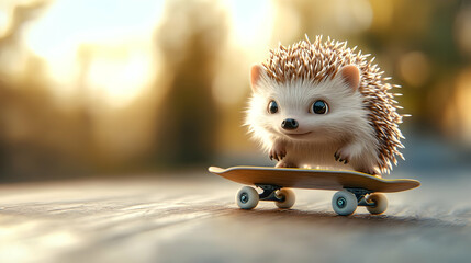 A cute hedgehog skateboarding on a sunny day, showcasing adorable charm and playfulness.