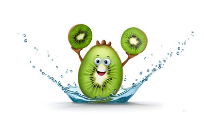 Wall Mural - Refreshing kiwi fruit slices splashing in water