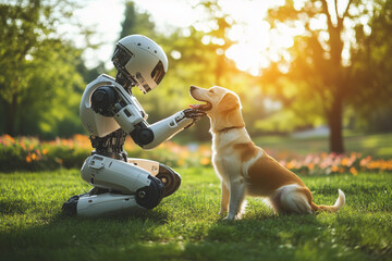 A robot is playing with a dog in a cozy garden.