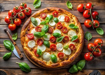 Warm, golden-brown crust with melted mozzarella, juicy tomatoes, and fresh basil leaves arranged artistically on a rustic wooden table, evoking a cozy Italian ambiance.