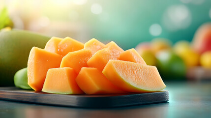 Freshly cut cantaloupe pieces on a sleek wooden surface, vibrant background filled with assorted fruits.