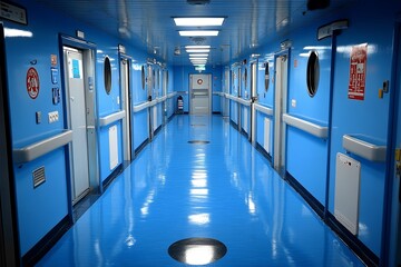  Bright blue corridor inside a modern hospital showcasing doors and round windows during daytime. Generative AI