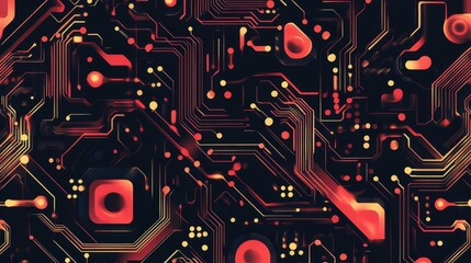 Wall Mural - Abstract digital circuit board pattern with glowing red and yellow accents.