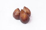 Snake fruit isolated on white background. one of which has its skin opened halfway. Snakefruit, also known as salak (Salacca zalacca), is a distinctive fruit native to Southeast Asia.