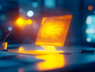 Wall Mural - futuristic holographic display on a modern computer in a dark office setting.