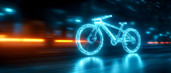 Wall Mural - Futuristic illuminated bicycle speeding through a night cityscape