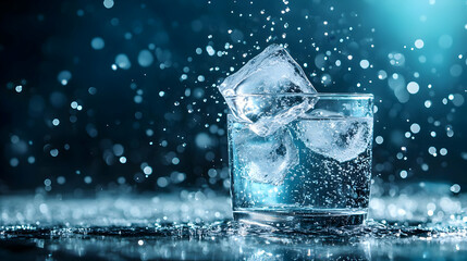 Refreshing water splashing with ice cubes in a glass, against a vibrant blue background.